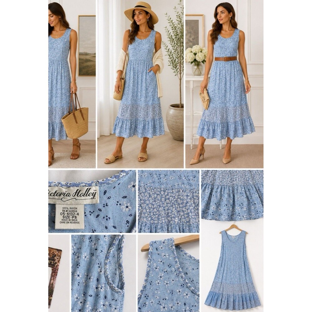 Victoria Holley Womens PS Blue Floral Sleeveless Midi Dress Rayon Cottagecore